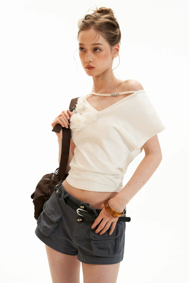 White Asymmetrical Flower Ruched Crop Top WE943