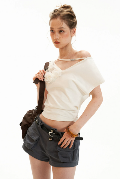 White Asymmetrical Flower Ruched Crop Top WE943