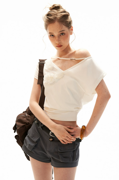 White Asymmetrical Flower Ruched Crop Top WE943