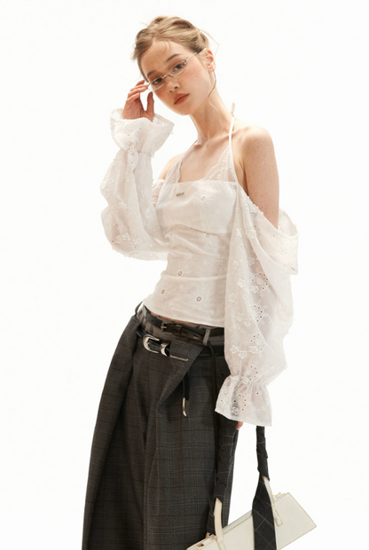 White Off-Shoulder Embroidered Halter Blouse WE994