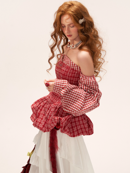 Off-Shoulder Peplum Top WE726 (Red Gingham)