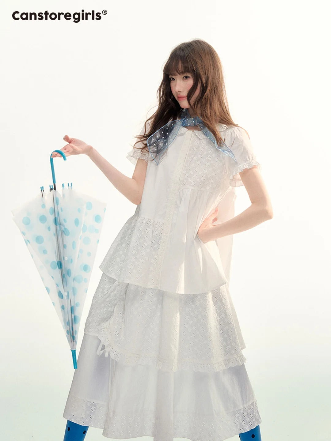 White Embroidered Peter Pan Collar Skirt Set LL2026088