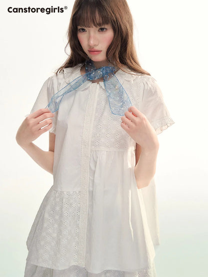 White Embroidered Peter Pan Collar Skirt Set LL2026088