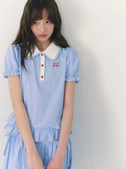 罐头士多所 - "Alice Formula" Light Blue Puff Sleeve Peter Pan Collar Blouse + Skirt Set
