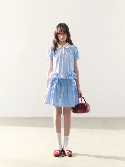 罐头士多所 - "Alice Formula" Light Blue Puff Sleeve Peter Pan Collar Blouse + Skirt Set