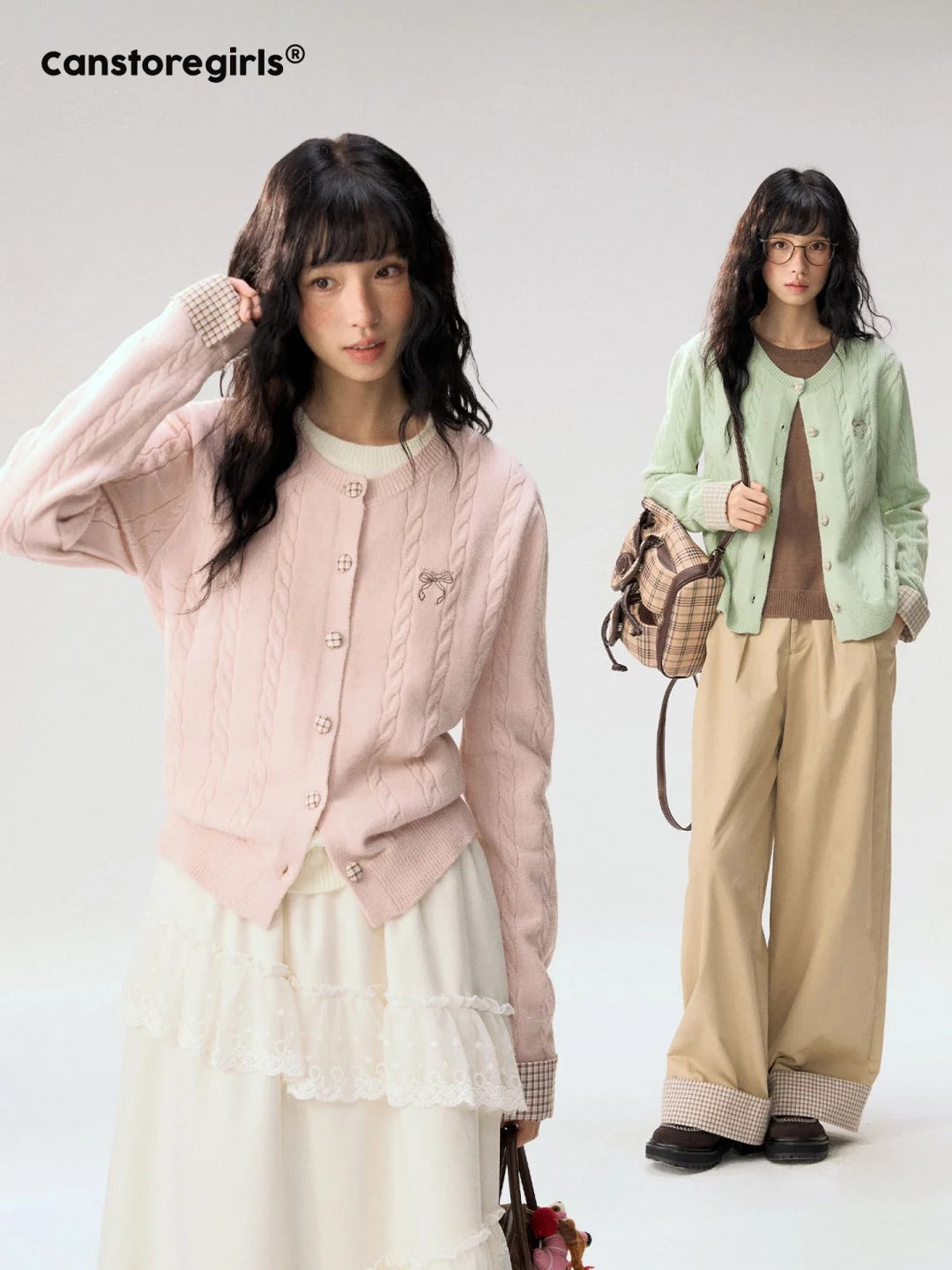 [CAN] "Autumn Letter" Bow Embroidered Faux-Layered Cable Knit Cardigan (Pink & White / Sage Green & Brown)