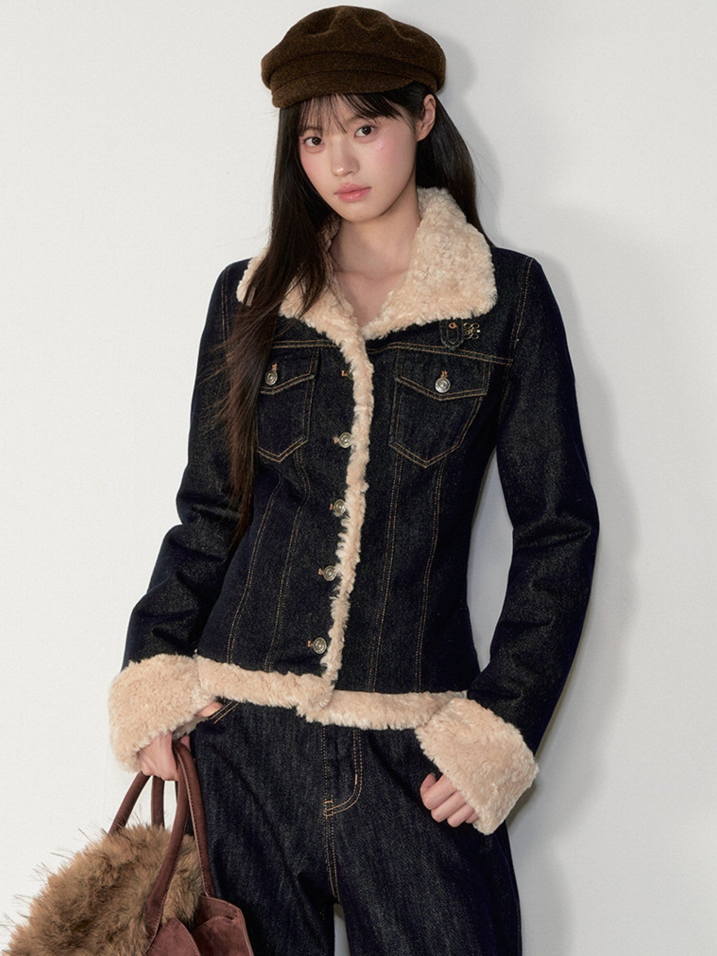 Soote Season - "Raw Denim Muse" Cinched Waist Fur-Trim Denim Down Jacket