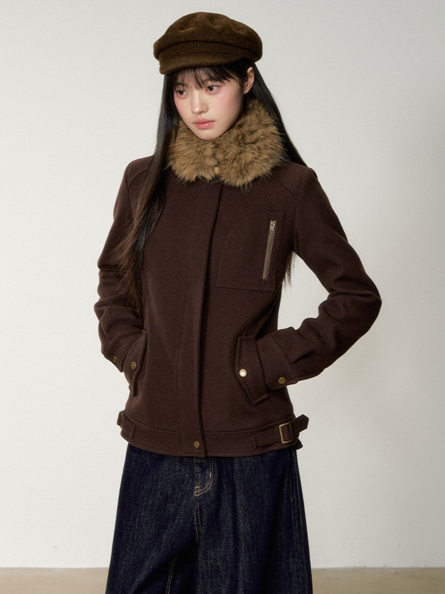 Soote Season - "Deep Roast" Twill Wool Fur-Collar Cinched Jacket