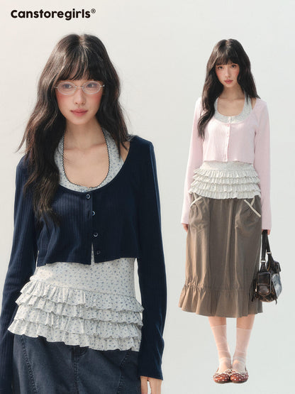 170726C "Soft Konjac Cloud" Lightweight Knit Cardigan & Floral Layered Cami