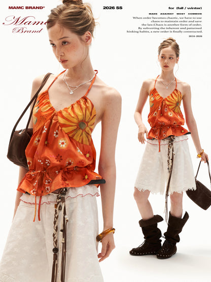 Sunset Bloom Halter Drawstring Top