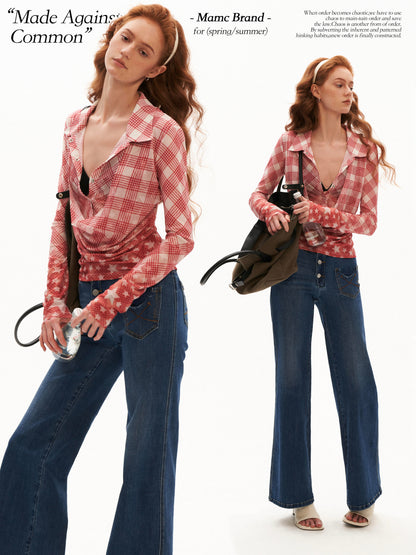 Layered Plaid Mesh Long Sleeve Shirt (Red / Blue)