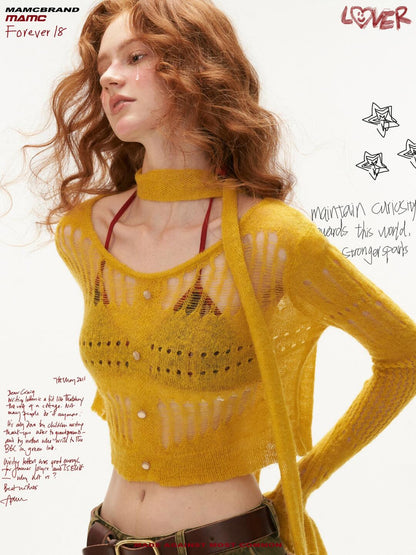 MAMC - Wide-Neck Cutout Cropped Knit Cardigan (Black / Yellow / Beige / Plaid Bra)
