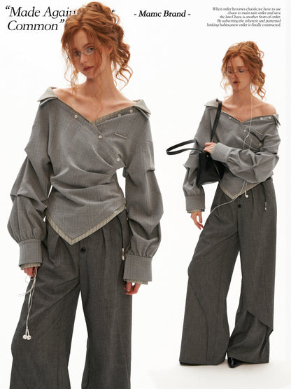 MAMC - Gray Textured Off-Shoulder Plaid Shirt