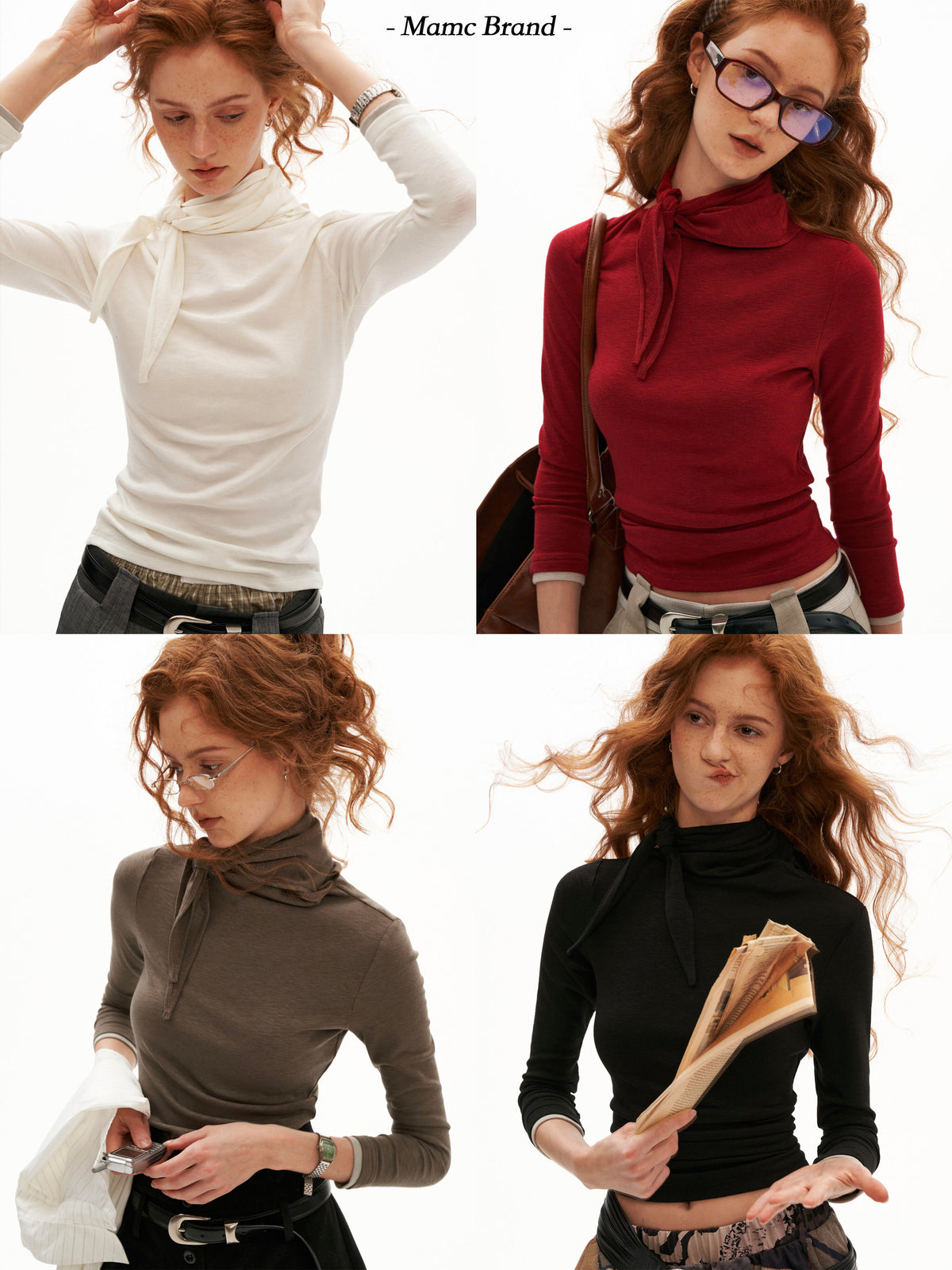 MAMC - Soft Wrap-Tie Fitted Long-Sleeve Top (Red / Black / White / Gray)