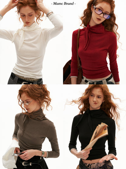 MAMC - Soft Wrap-Tie Fitted Long-Sleeve Top (Red / Black / White / Gray)