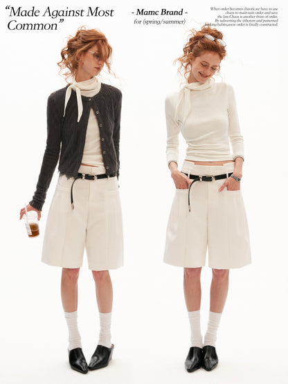 Tailored High-Waist Bermuda Suit Shorts (White / Black)