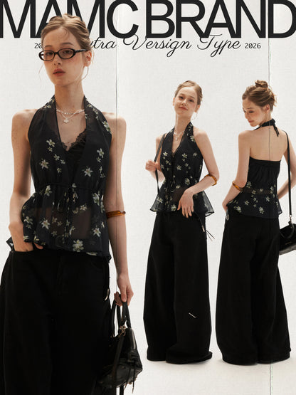 Black Vintage Floral Halter Cardigan Set