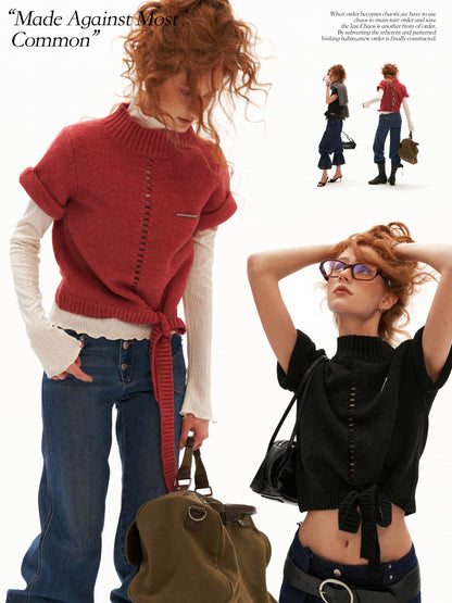 MAMC - Soft Wool-Blend Tie-Waist Cutout Knit Sweater (Red / Black)