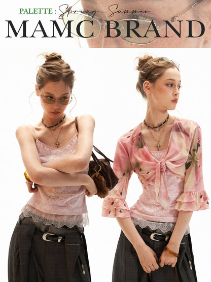 Floral Lace Trim Cami & Tie-Front Cardigan Set WE957