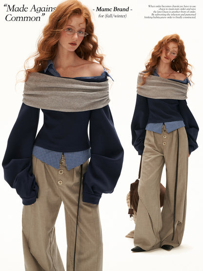 MAMC - Deconstructed Gingham Sweatshirt with Off-Shoulder Ruched Detail
