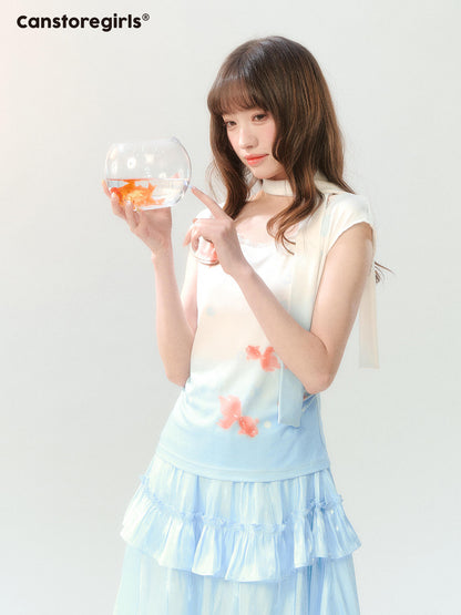 "Koi Garden Letter" White & Blue Goldfish Print Two-Piece Skirt Set LL2026220