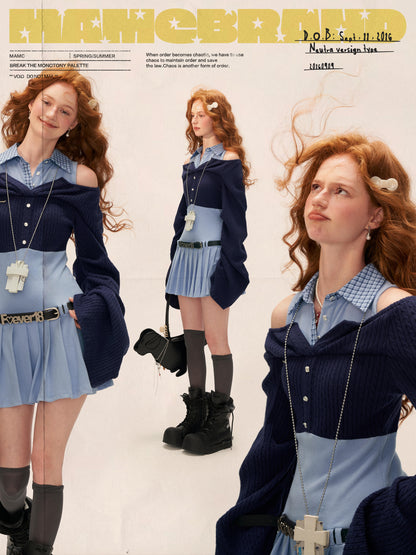 Blue Layered Collar Waist-Cinch Shirt Dress