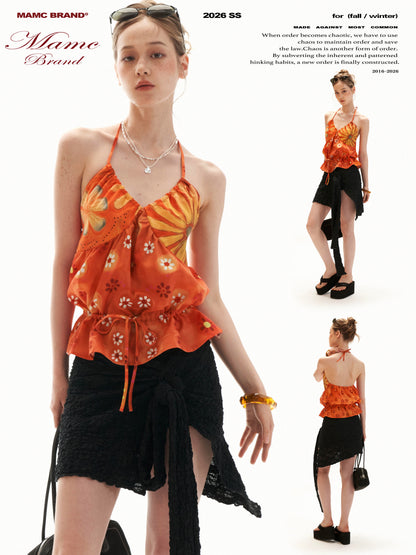 Sunset Bloom Halter Drawstring Top