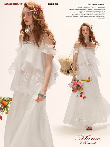 White Lace Ruffle Cami & Eyelet Maxi Skirt Set  WE991