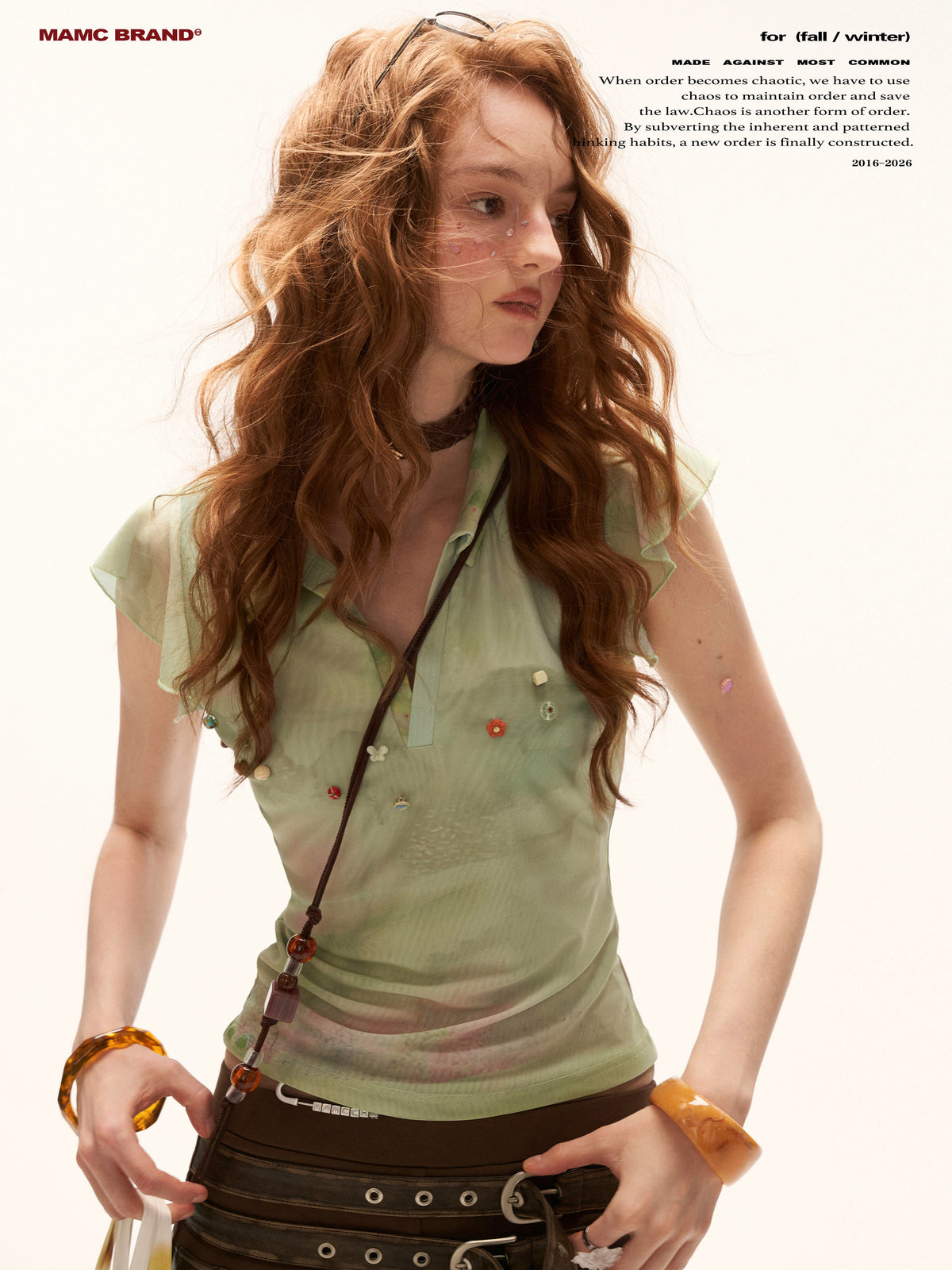 MAMC - "Vintage Oil Bloom" Beaded Flutter Sleeve Polo Top
