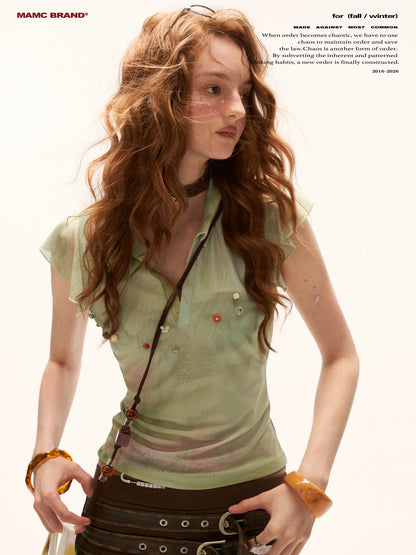 MAMC - "Vintage Oil Bloom" Beaded Flutter Sleeve Polo Top