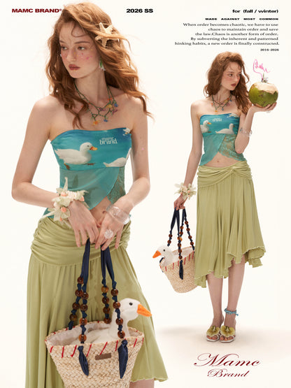 Blue Duck Print Lace Hem Tube Top WE923