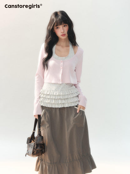 170726C "Soft Konjac Cloud" Lightweight Knit Cardigan & Floral Layered Cami