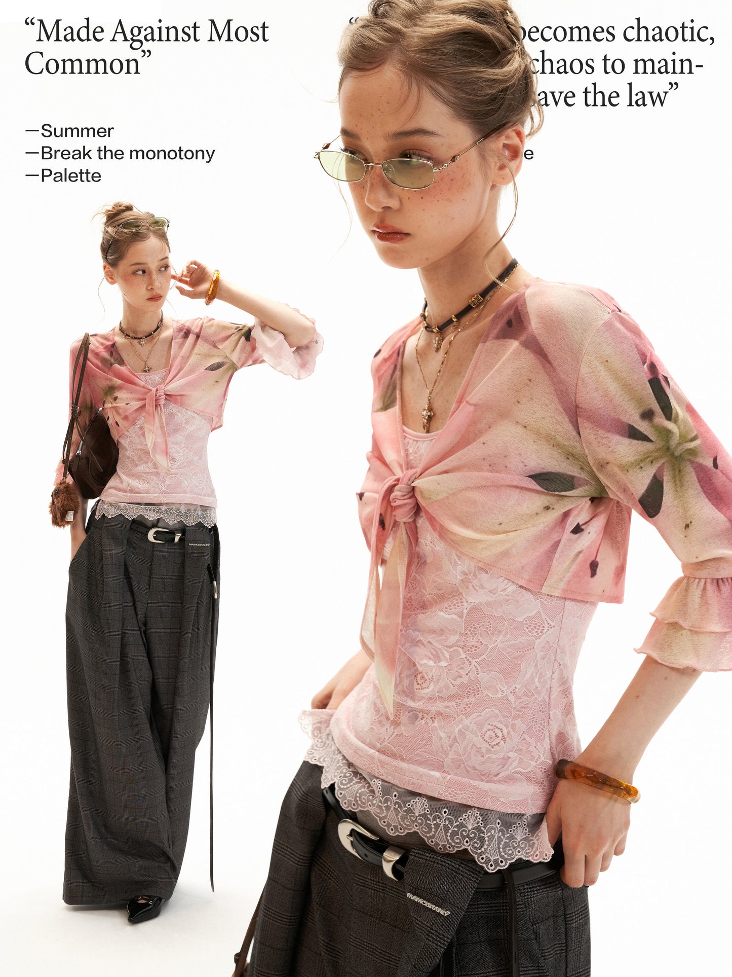 Floral Lace Trim Cami & Tie-Front Cardigan Set WE957