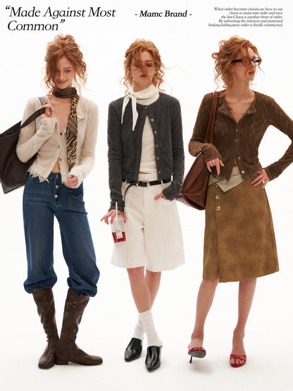 MAMC - Mocha Fuzzy Diamond-Texture Lace Knit Cardigan (Brown / Gray / Beige)
