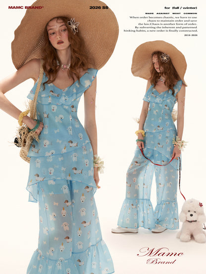 Sky Blue Puppy Print Ruffle Cami & Wide-Leg Pants Set WE969