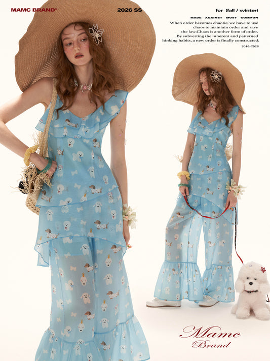 Sky Blue Puppy Print Ruffle Cami & Wide-Leg Pants Set WE969