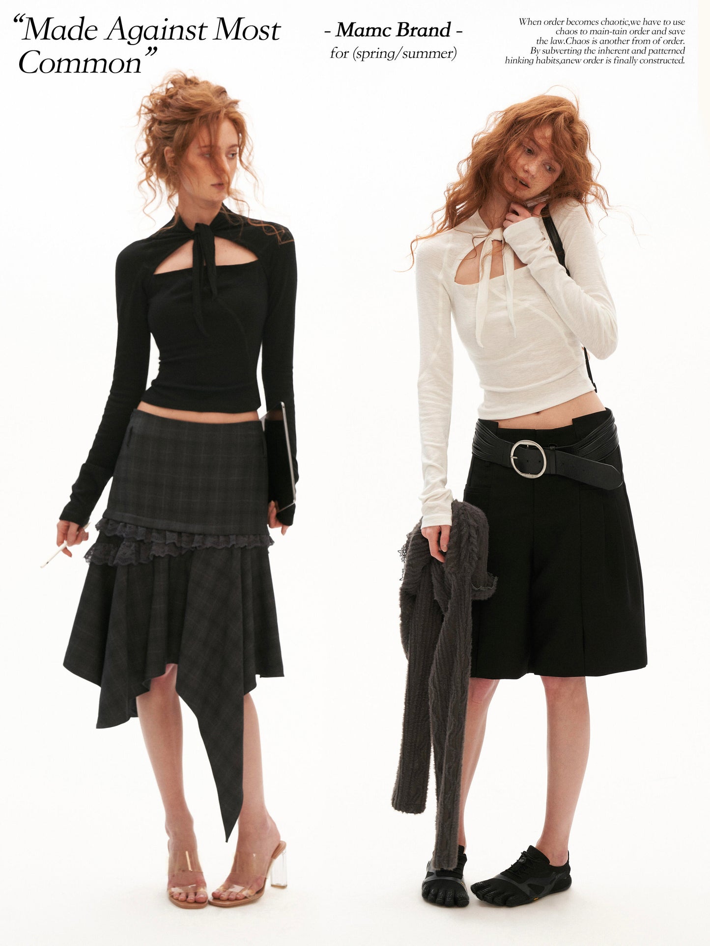 Lace-Up Cutout Waist-Sculpt Long Sleeve Top (Black/ White)