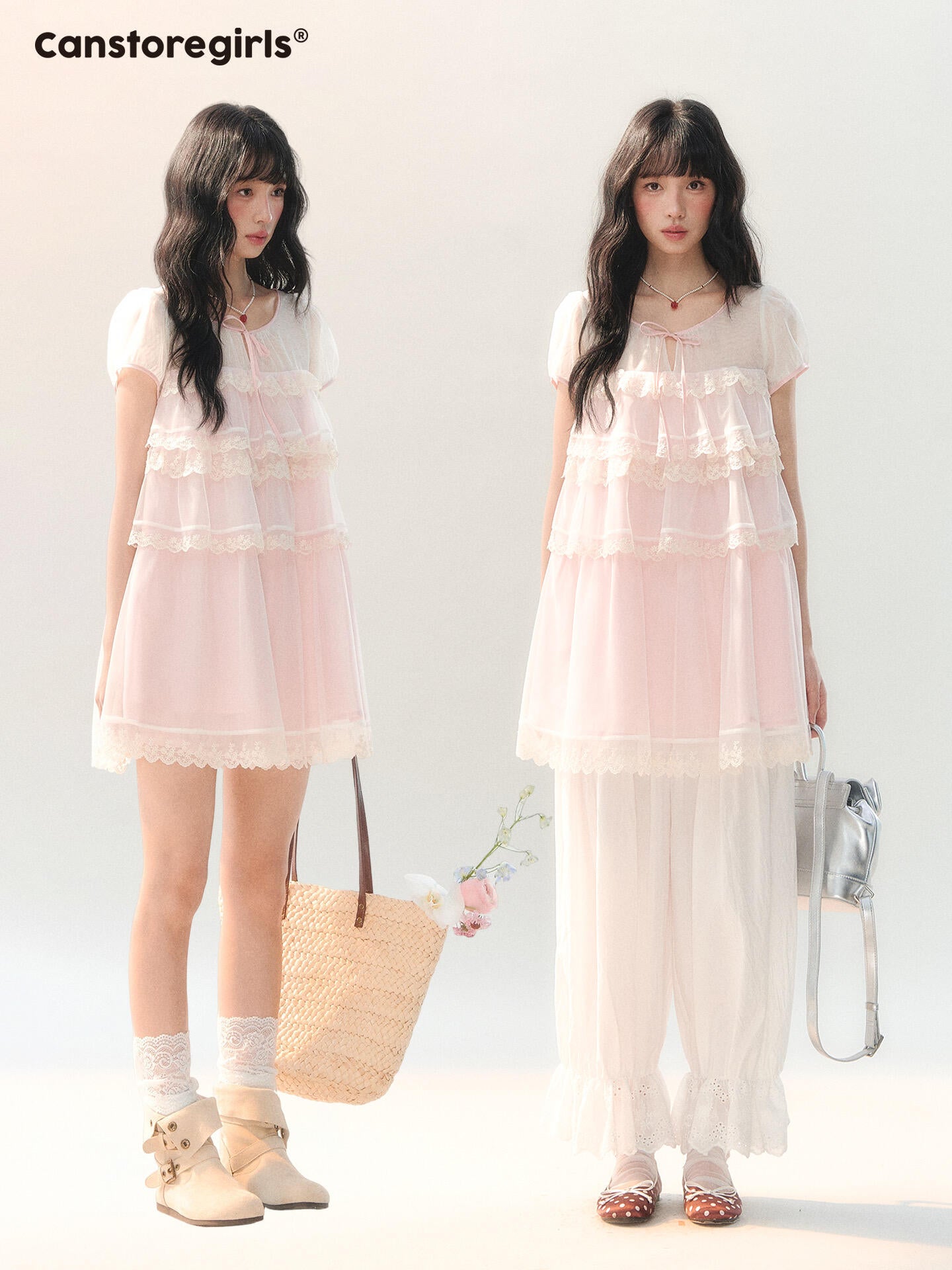 170726C "Peach Mist Sorbet" Pink Lace Chiffon Dress Set