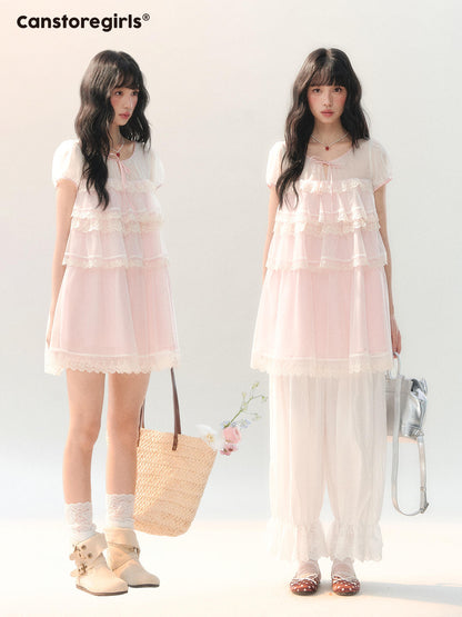 170726C "Peach Mist Sorbet" Pink Lace Chiffon Dress Set