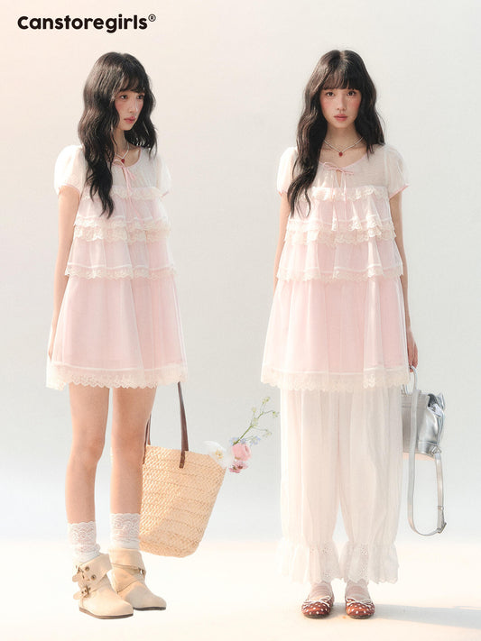 170726C "Peach Mist Sorbet" Pink Lace Chiffon Dress Set