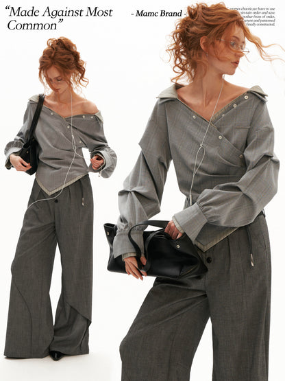 MAMC - Gray Textured Off-Shoulder Plaid Shirt