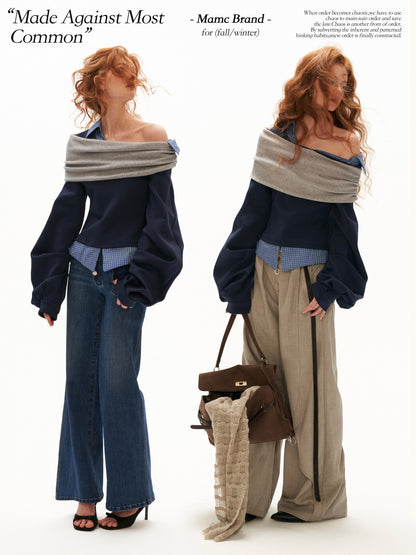 MAMC - Deconstructed Gingham Sweatshirt with Off-Shoulder Ruched Detail