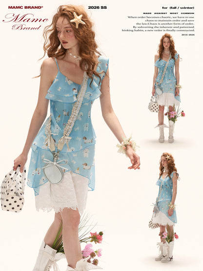 Sky Blue Puppy Print Ruffle Cami & Wide-Leg Pants Set WE969