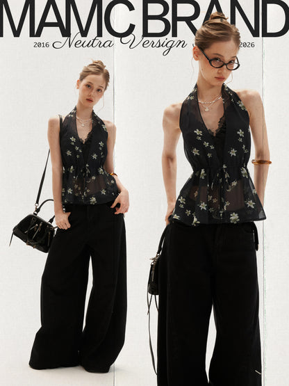 Black Vintage Floral Halter Cardigan Set