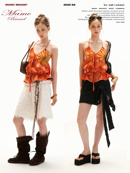 Sunset Bloom Halter Drawstring Top