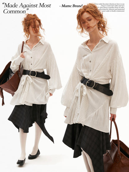 MAMC - White Striped Wrap Lantern-Sleeve Shirt