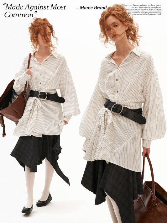 MAMC - White Striped Wrap Lantern-Sleeve Shirt