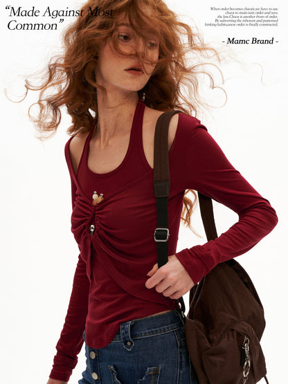 MAMC - Tencel Halter Ruched Layered Top (Red / Orange)