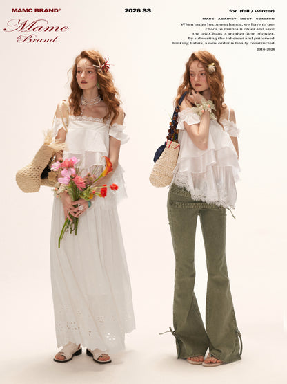 White Lace Ruffle Cami & Eyelet Maxi Skirt Set  WE991