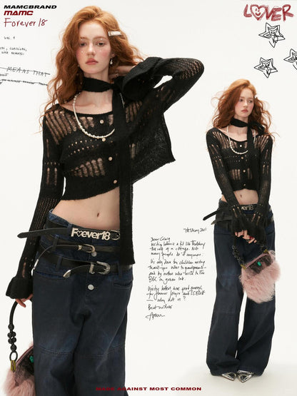 MAMC - Wide-Neck Cutout Cropped Knit Cardigan (Black / Yellow / Beige / Plaid Bra)